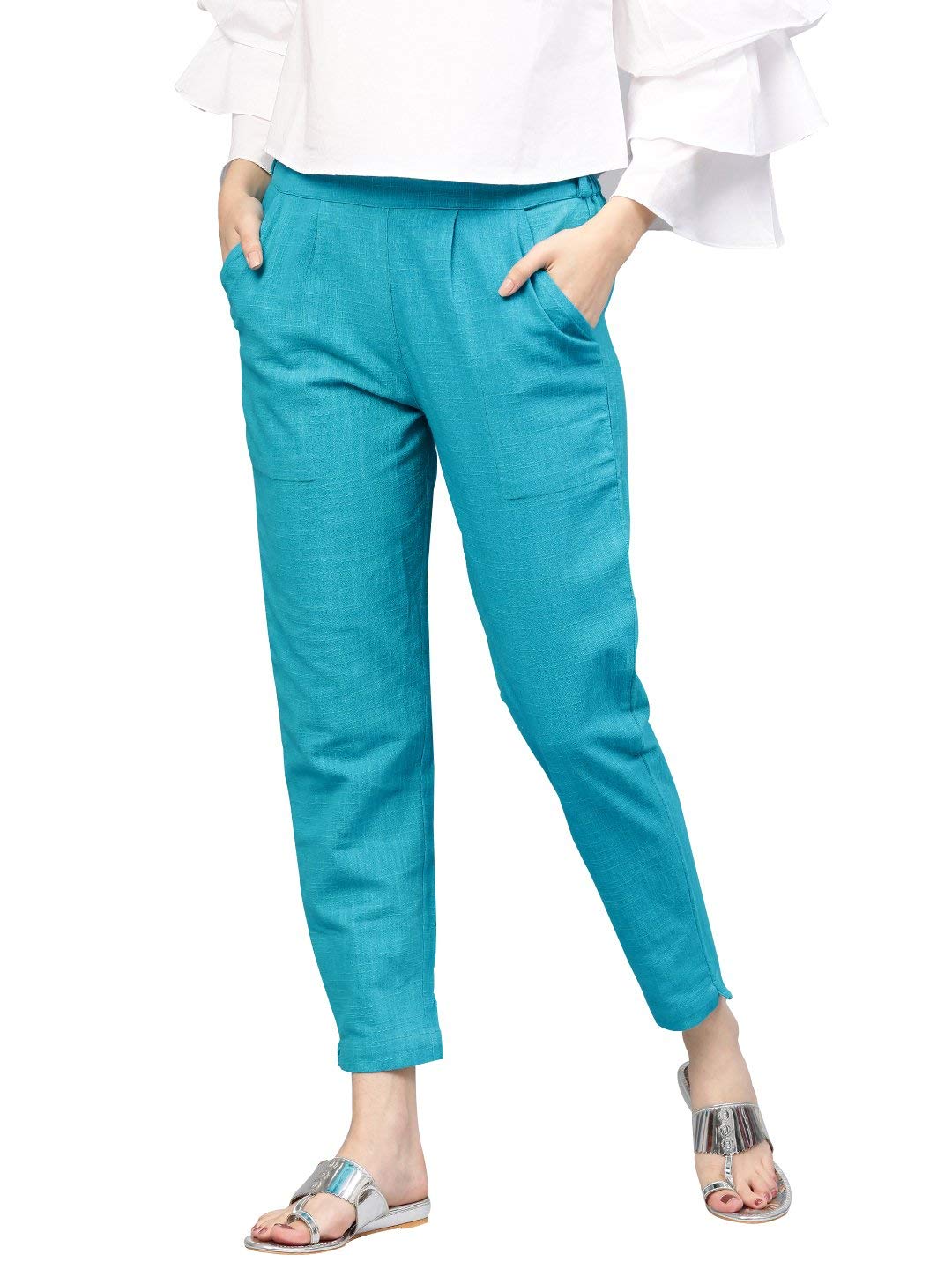 Digital Shopee Women Regular Fit Elastic Waist Full Length Cotton Formal Trouser For Casual Wear, Office Wear Turquoise