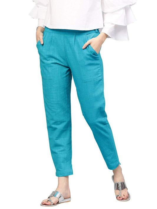 Digital Shopee Women Regular Fit Elastic Waist Full Length Cotton Formal Trouser For Casual Wear, Office Wear Turquoise