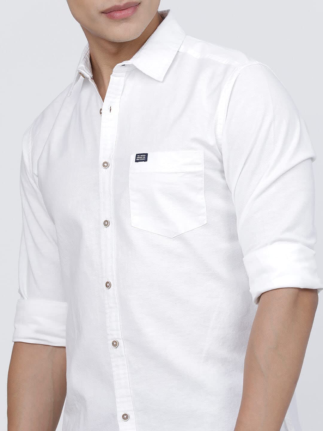 The Indian Garage Co Men White Solid Slim Fit Linen Casual Shirt