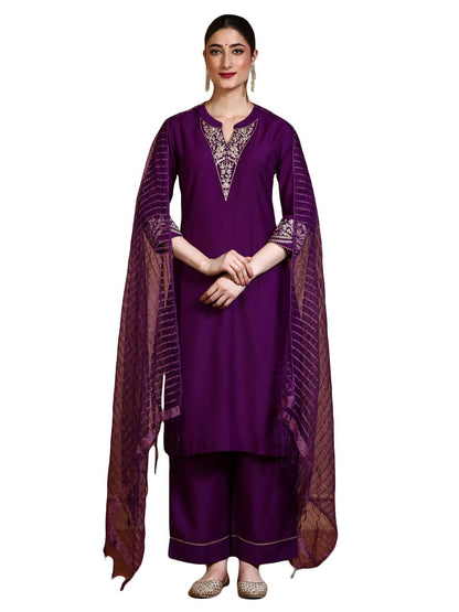 Varanga Zari Embroidered Neck Kurta With Trouser And Dupatta.