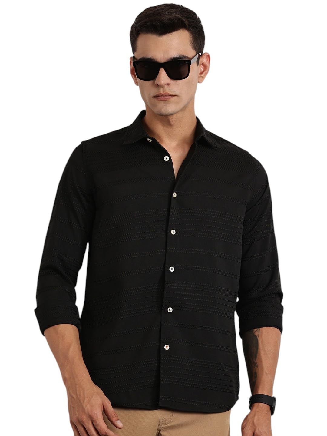 Thomas Scott Long Sleeve Embroderied Casual Shirt for Men Black