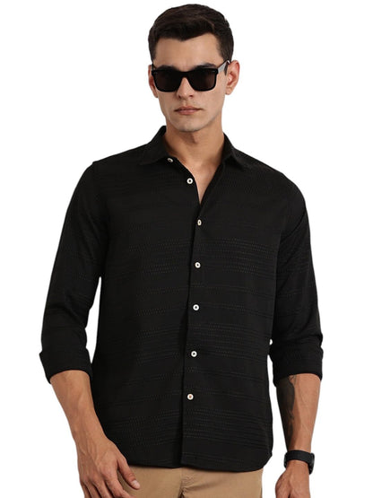 Thomas Scott Long Sleeve Embroderied Casual Shirt for Men Black