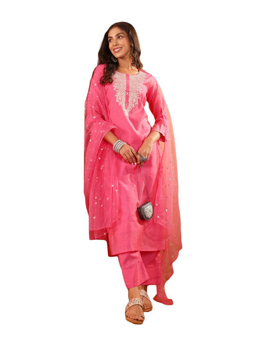 Varanga Women Pink Zari Embroidered Regular Chanderi Silk Kurta with Trousers & Dupatta - Elegant Ethnic Set