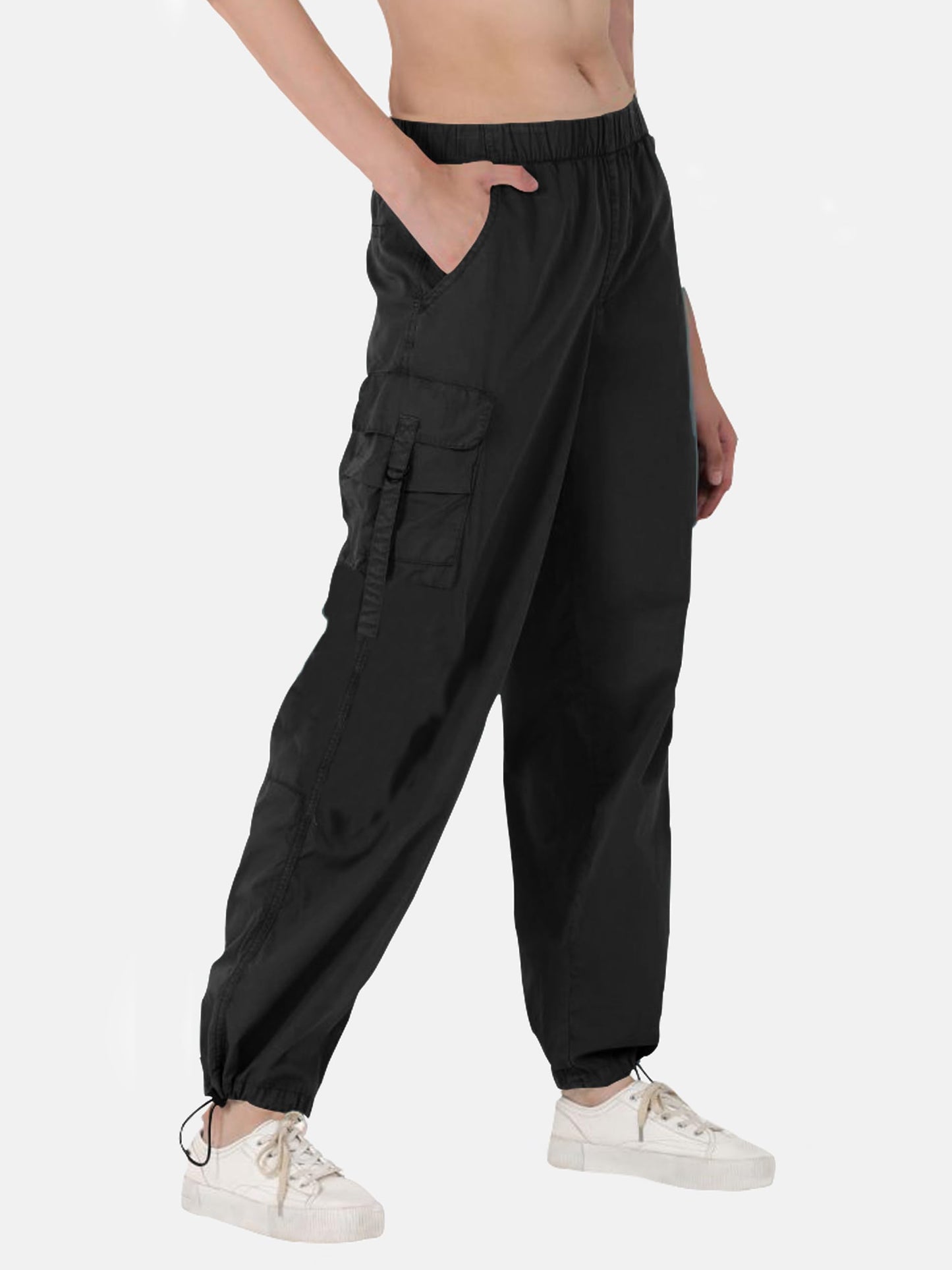 Noble Monk WomenS Plus Size Cargo Pants Flap Pocket Side High Elastic Waist Baggy Pants | Cargo Parachute Pants For Women Black