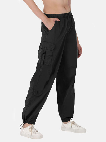 Noble Monk WomenS Plus Size Cargo Pants Flap Pocket Side High Elastic Waist Baggy Pants | Cargo Parachute Pants For Women Black