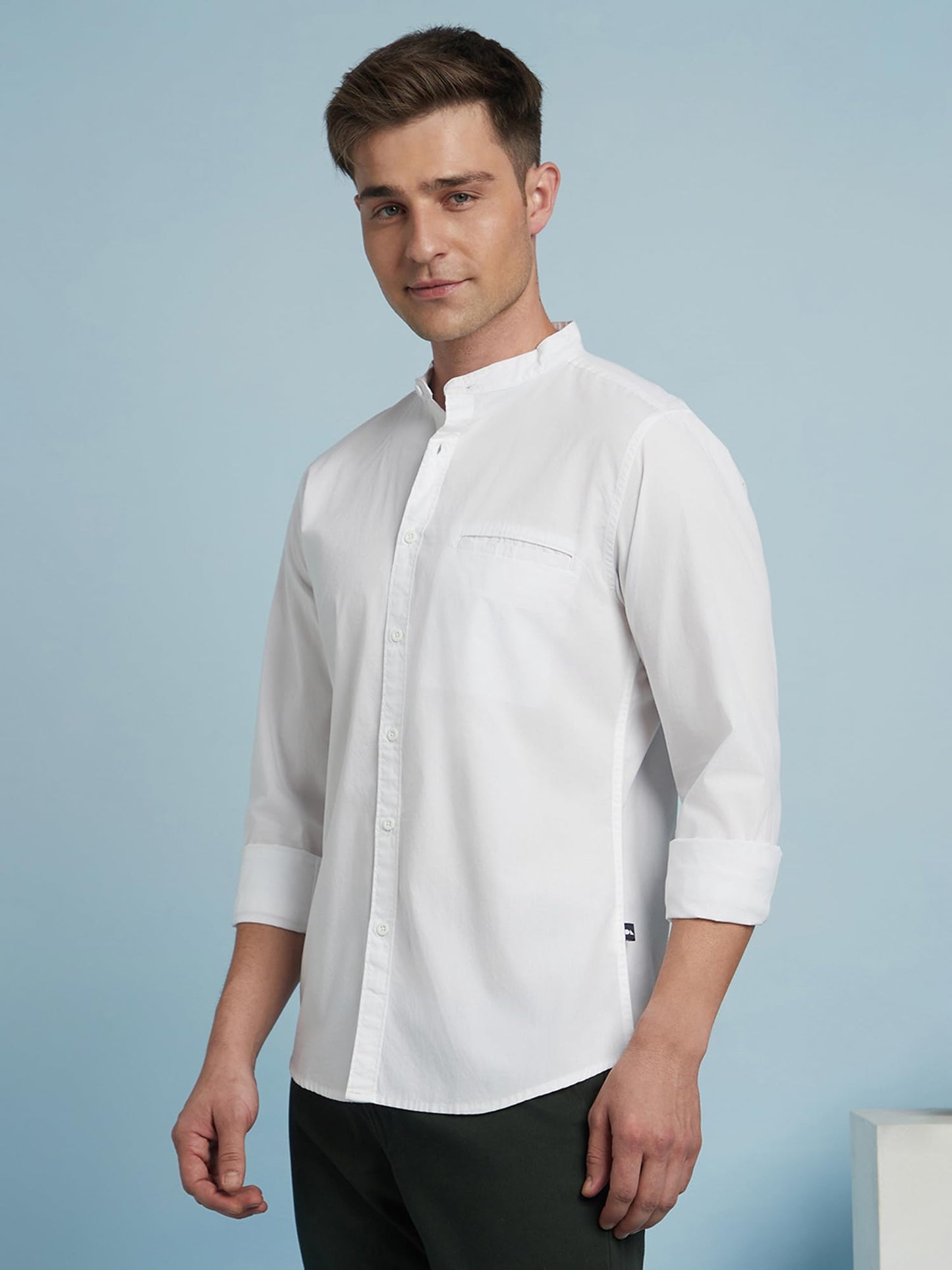 Dennis Lingo Men Solid Mandarin Collar Full Sleeves Regular Fit Casual Shirt Paper White