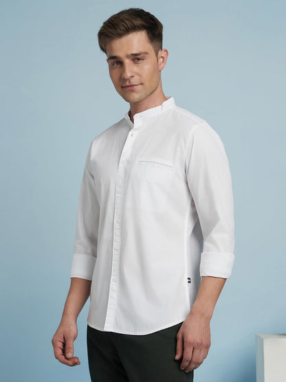 Dennis Lingo Men Solid Mandarin Collar Full Sleeves Regular Fit Casual Shirt Paper White