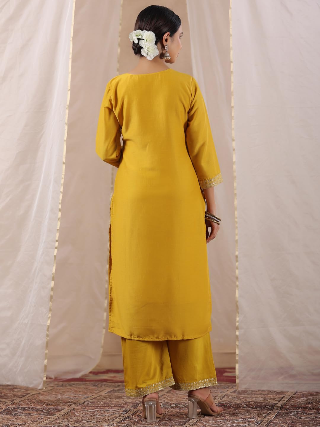 Ishin WomenS Mustard Zari Work Ethnic Motifs Poly Silk Straight Kurta