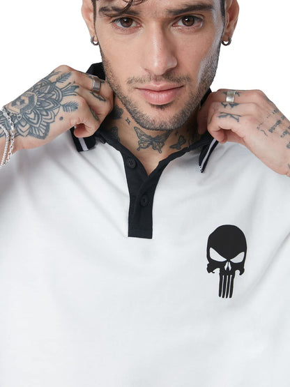 The Souled Store| Official Punisher: Logo Mens and Boys Polos|Half Sleeve|Regular fit Graphic Printed| 100% Cotton White & Black