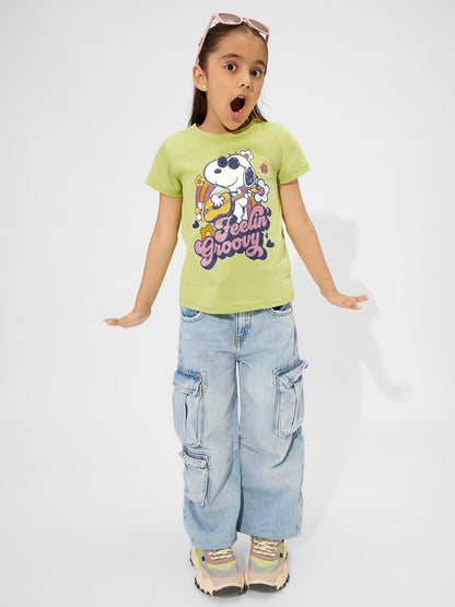 The Souled Store Peanuts: Groovy Vibes Girls Short Sleeves Round Neck Green Graphic Printed Cotton T-Shirts