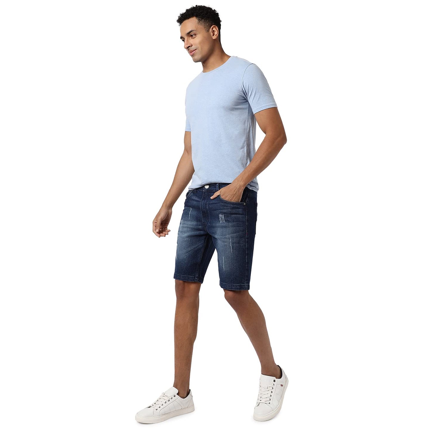 Campus Sutra Mens Classic Blue Dark-Washed Solid Patterned Regular Fit Denim Shorts, Premium Stretchable Cotton Mid-Rise Crafte