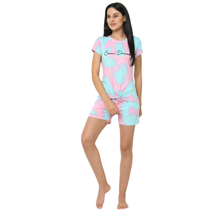 Sweet Dreams Women Tie & Dye Round Neck Half Sleeve Poly Brush Top & Bermuda Set-Blue