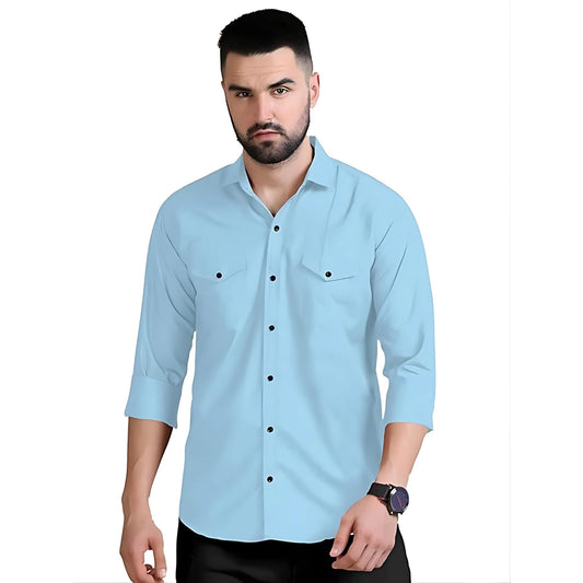 Rebelify MenS Double Pocket Shirt  Classic Casual Cotton Blend With Adjustable Cuffs Sky Blue