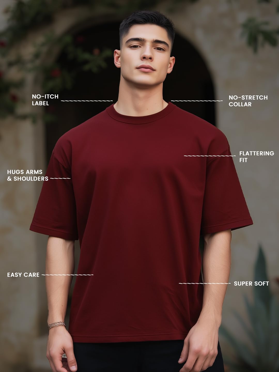 Nobero MenS Solid Oversized Fit T-Shirt (1M-Twrt-R0002_White/Wine Red