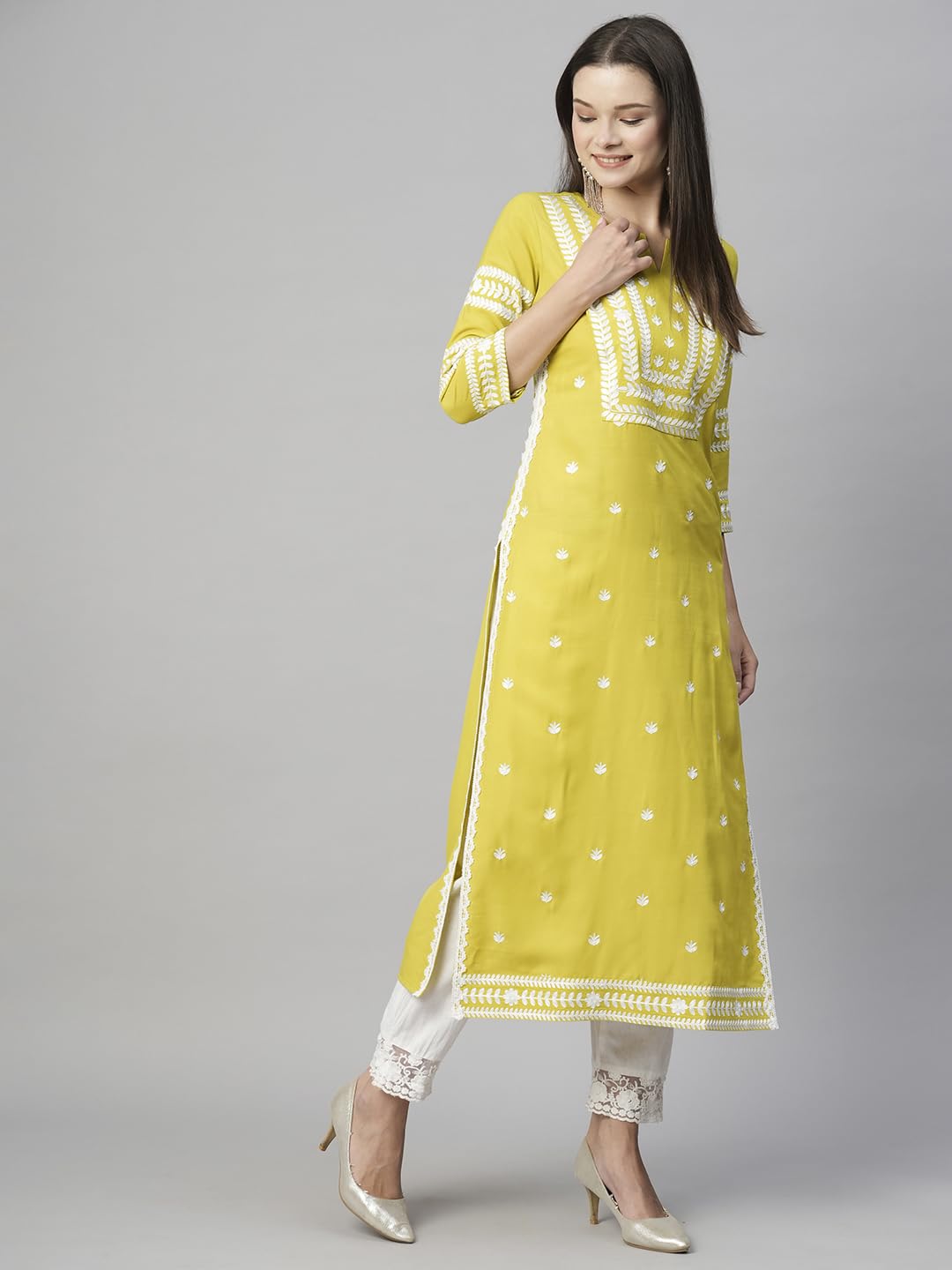 Anni Designer WomenS Cotton Blend Chikankari Embroidered Straight Kurta (Stho-Yellow_4Xl_Yellow_Xxxx-Large)