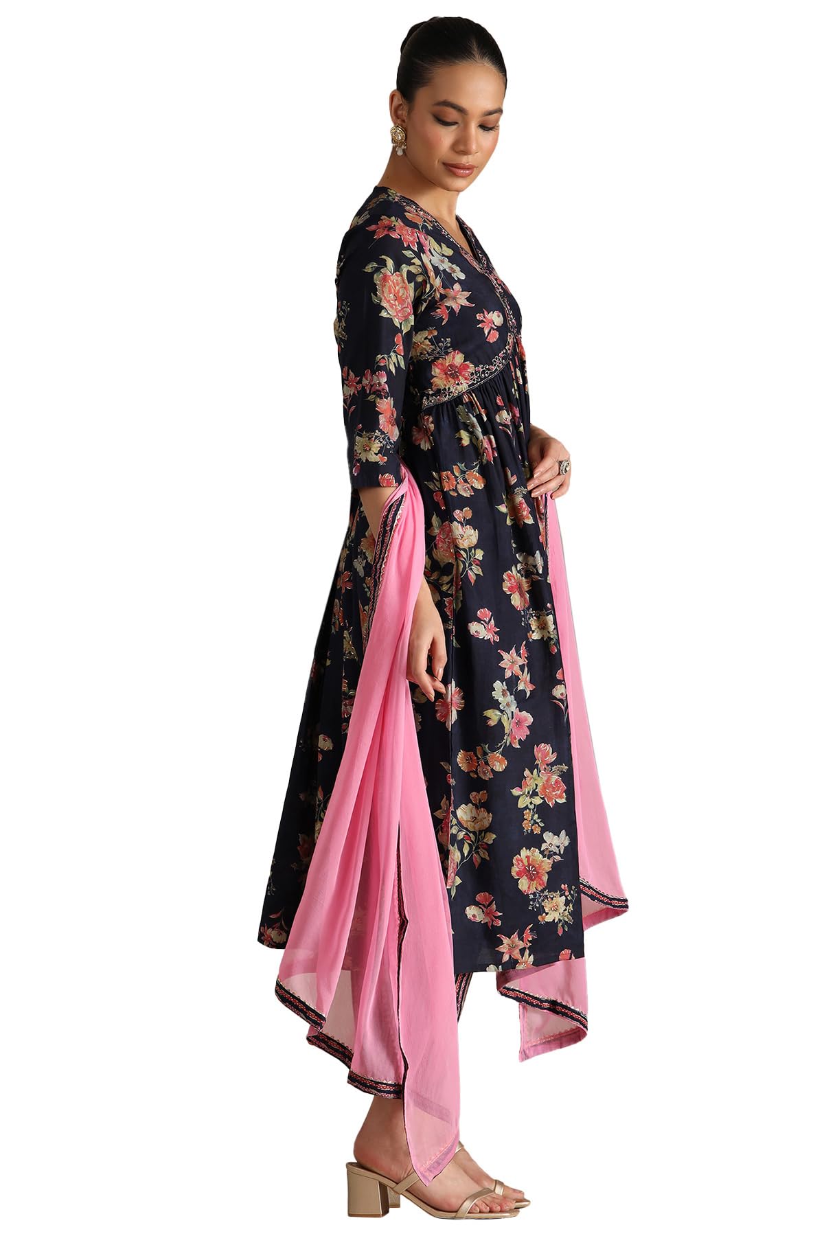 Soch Womens Navy Blue Viscose Blend Floral Print Suit Set With Beads
