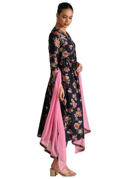 Soch Womens Navy Blue Viscose Blend Floral Print Suit Set With Beads
