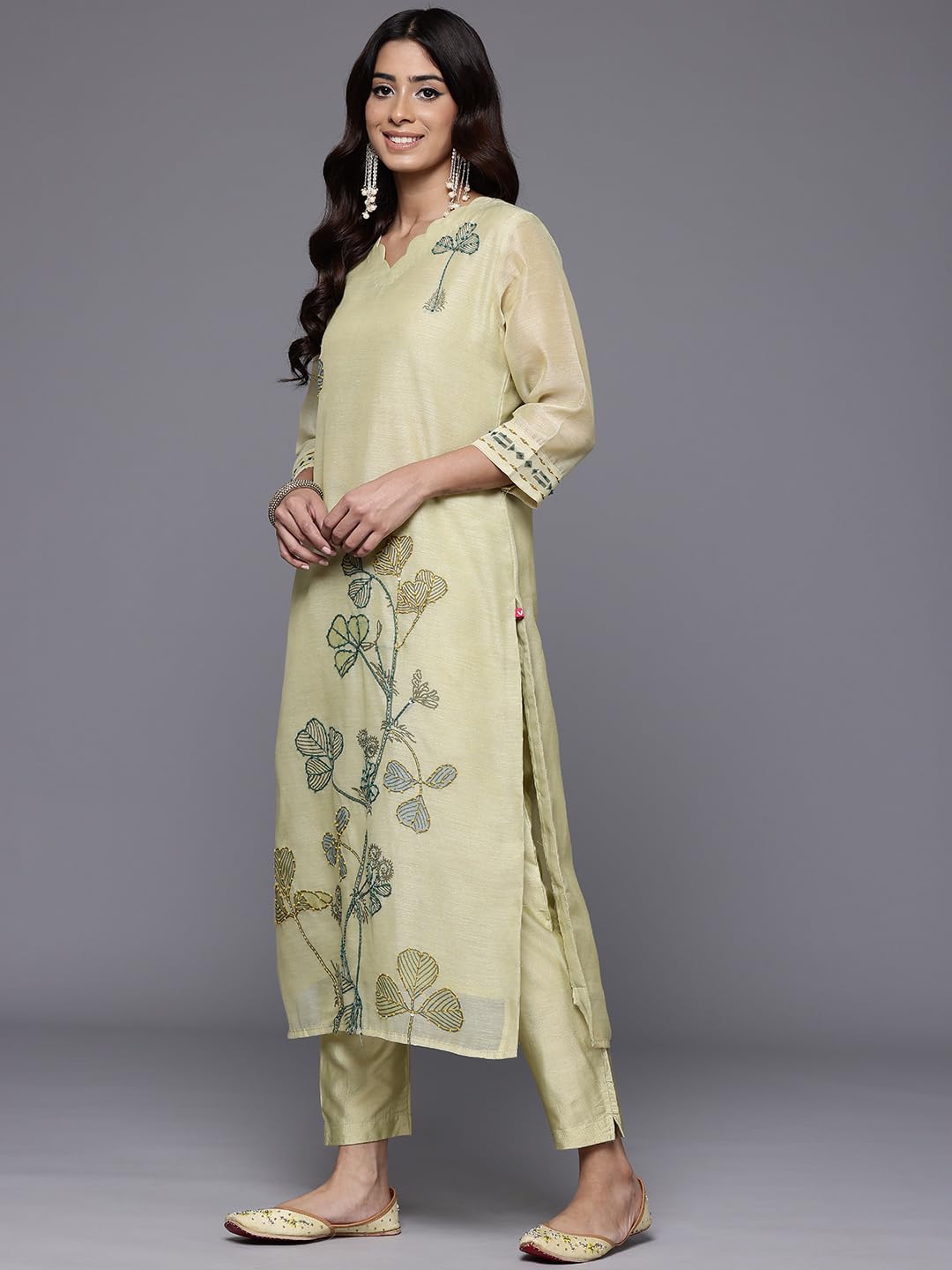 Varanga Women Olive Floral Printed Thread Embroidered Kurta With Bottom And Dupatta, Scallop V Neck, Three-Quarter Sleeves, Stra