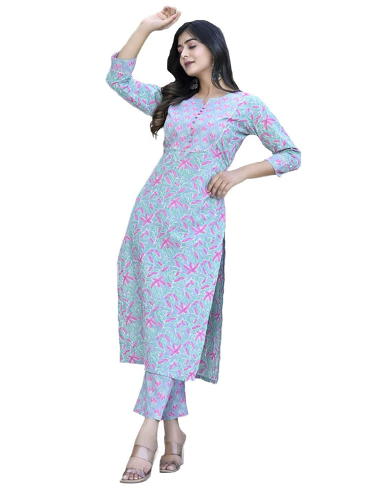 GoSriKi Women's Cotton Blend Printed Straight Kurta with Pant (Tidhara Green-CMD-GS)
