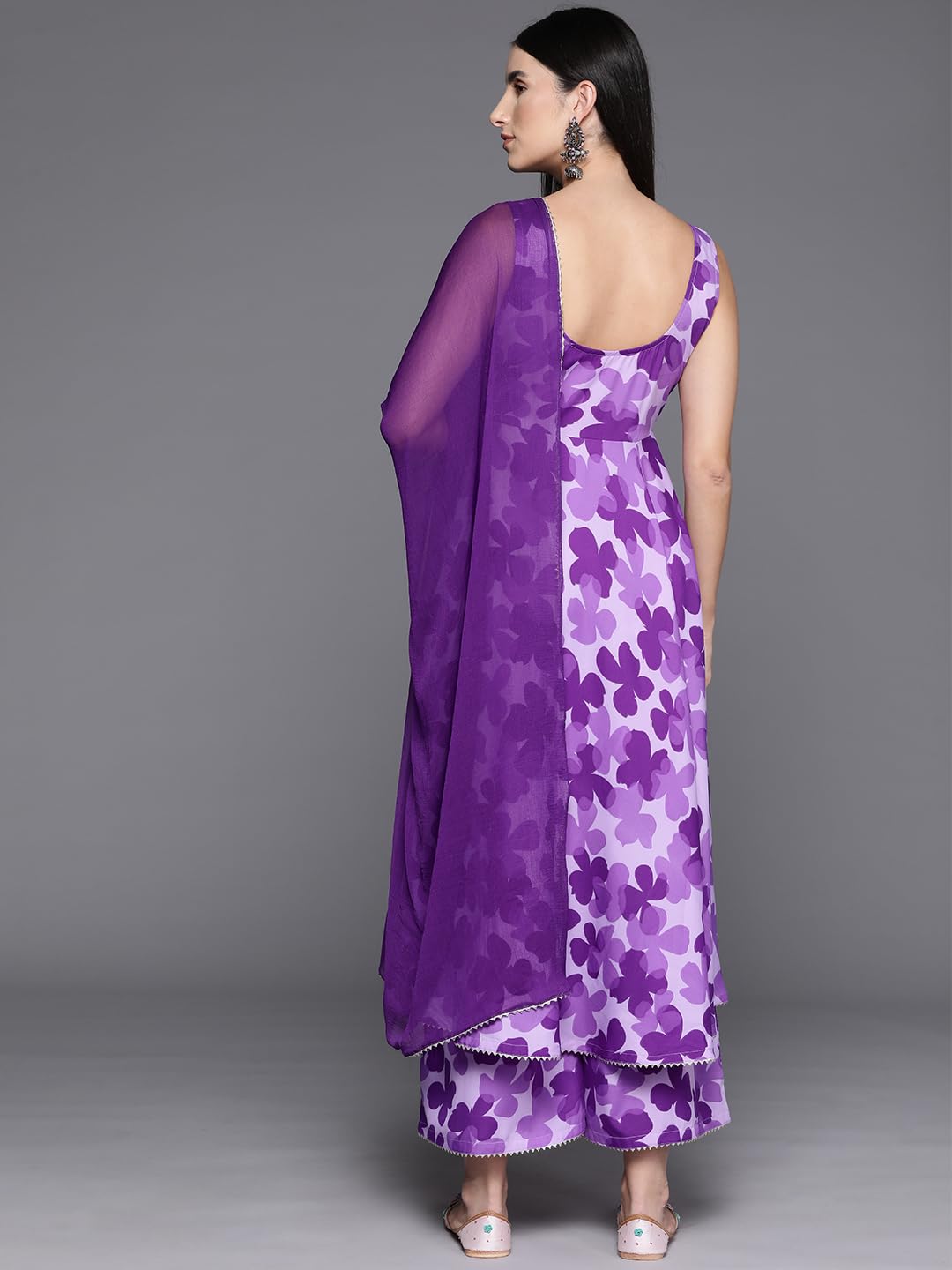Varanga Women Purple Floral Printed Anarkali Kurta Paired With Tonal Printed Bottom And Dupatta