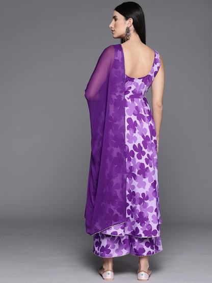 Varanga Women Purple Floral Printed Anarkali Kurta Paired With Tonal Printed Bottom And Dupatta