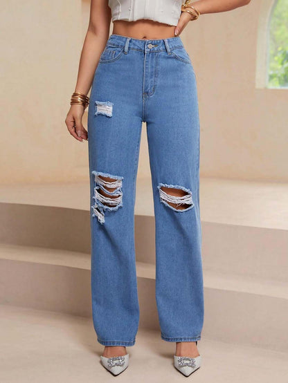 Kotty WomenS Cotton Blend Distressed Straight Fit Trendy Ripped Denim Jeans(Blue,28)
