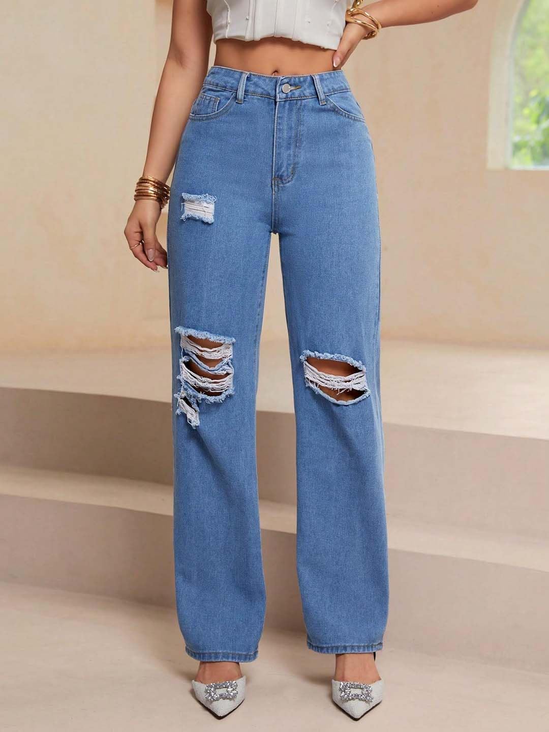 Kotty WomenS Cotton Blend Distressed Straight Fit Trendy Ripped Denim Jeans(Blue,32)