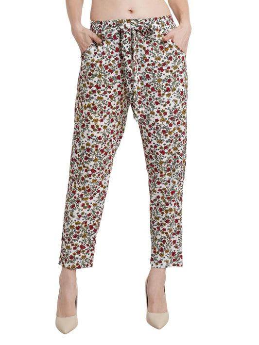 POPWINGS Women Casual White Floral Relaxed Fit Winted Trouser Trousers for Women | Stylish Trousers for Women Trousers for Women