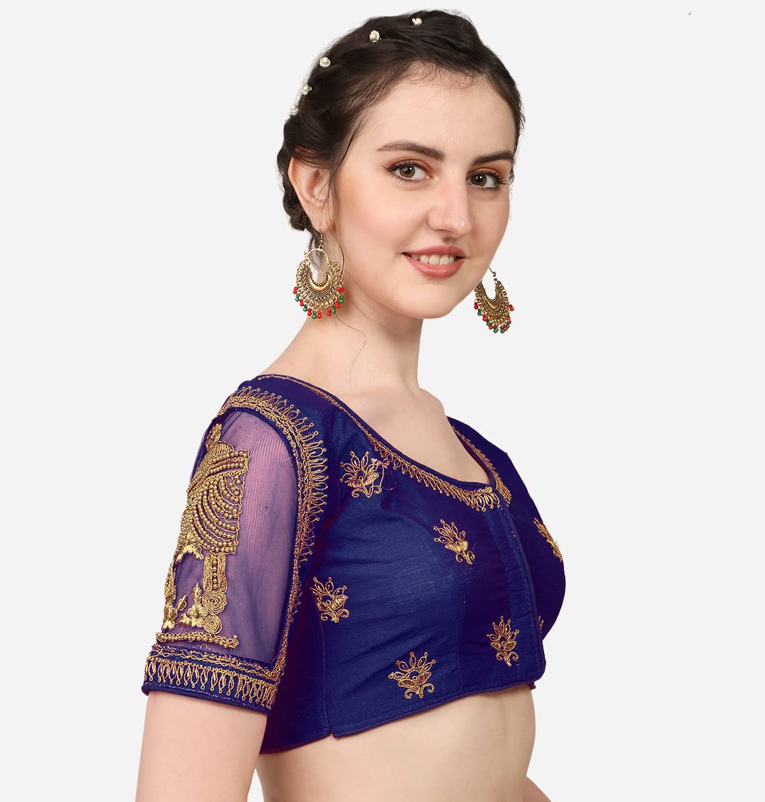 Pujia Mills WomenS Multicolor Temple Embroidery Net Back Sequence Khatli Work Sleeves Design Phantom Silk Readymade Saree Blous