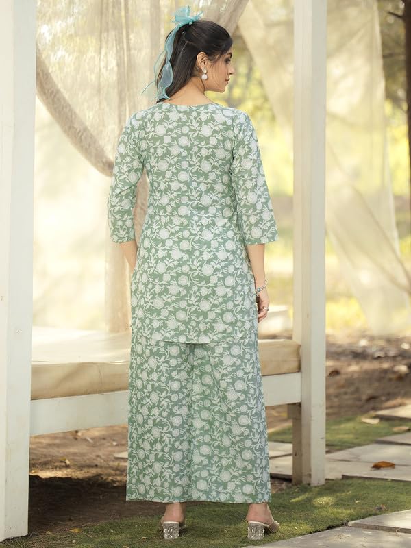 Pinkmint WomenS Pure Cotton Co Ord Set L Flower Printed Co Ord Set L Stylish Pocket & 3/4 Sleeve Women Co-Ord Set