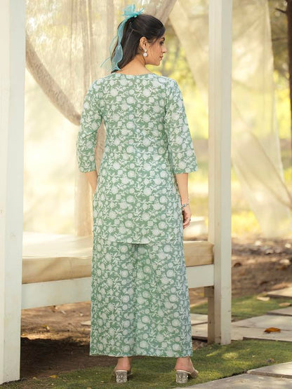 Pinkmint Womens Pure Cotton Co Ord Set l Flower Printed Co Ord Set l Stylish Pocket & 3/4 Sleeve Women Co-ord Set Light Green