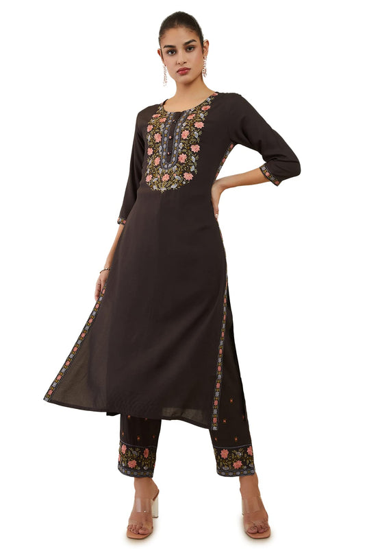 Soch Womens Charcoal Rayon Floral Embroidered Straight Kurta Set