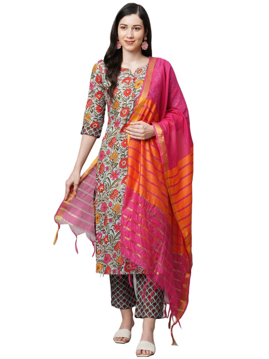ANNI DESIGNER Women's Cotton Blend Straight Printed Kurta with Pant & Dupatta Set (Jakar-NW)