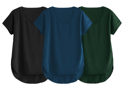 Fabricorn Combo Of Three Plain Bottle Green, Black And Airforce Blue V-Neck Up And Down Cotton Tshirt For Women (Bottle Green, B
