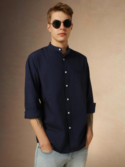 Dennis Lingo MenS Navy Blue Full Sleeve Mandarin Collar Solid Regular Fit Casual Shirt
