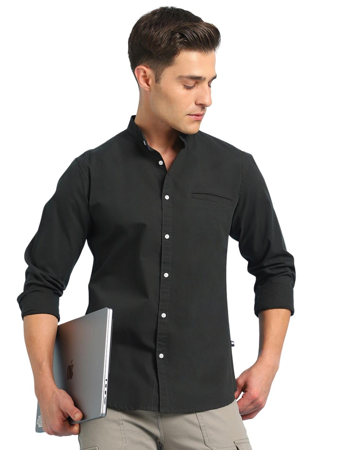 Dennis Lingo Men Solid Mandarin Collar Full Sleeves Regular Fit Casual Shirt Dark Green