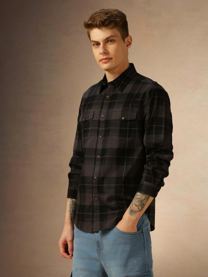 Dennis Lingo Men Grey Checks Cotton Regular Fit Full Sleeve Shirt