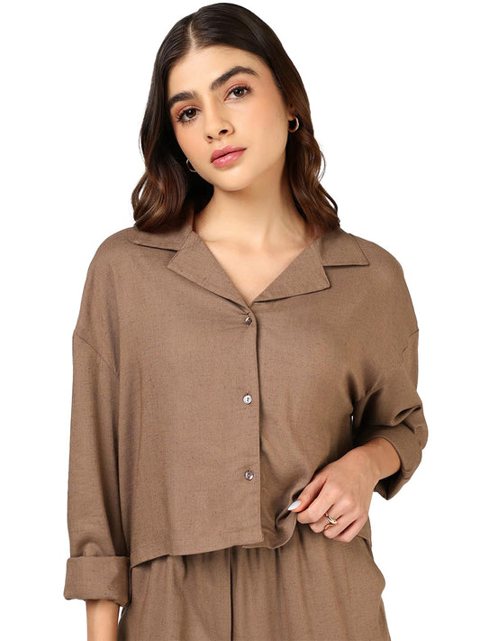 Bewakoof Womens Solid Regular Fit Full Sleeve Resort Collar Linen Blend Shirt_685488_Brown_XS
