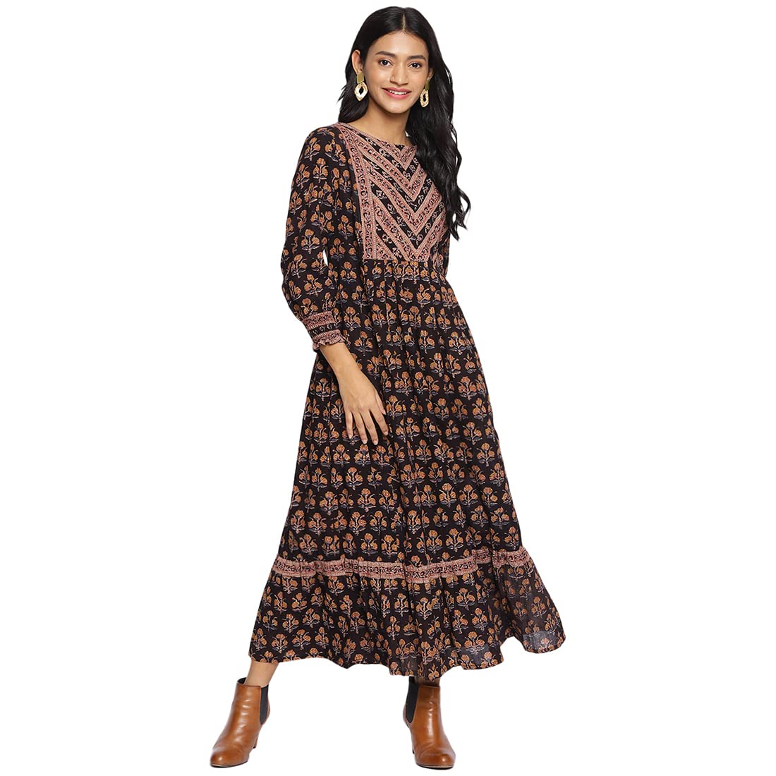 Fabindia WomenS Blue Cotton Printed Hand Block Print Kaftan Ankle Length Dress (210677301_Black