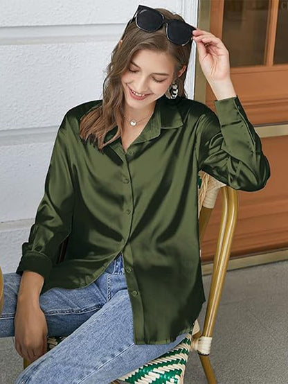 CB-COLEBROOK Womens Blouse Satin Silk Stylish Shirts Button Down Solid Shirts Casual Loose Long Sleeve Office Work Tunic Wester