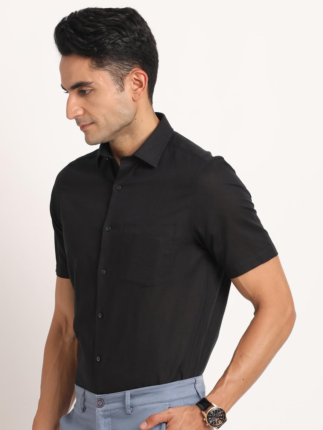 Turtle Men Cotton Linen Black Solid Regular Fit Formal Shirt