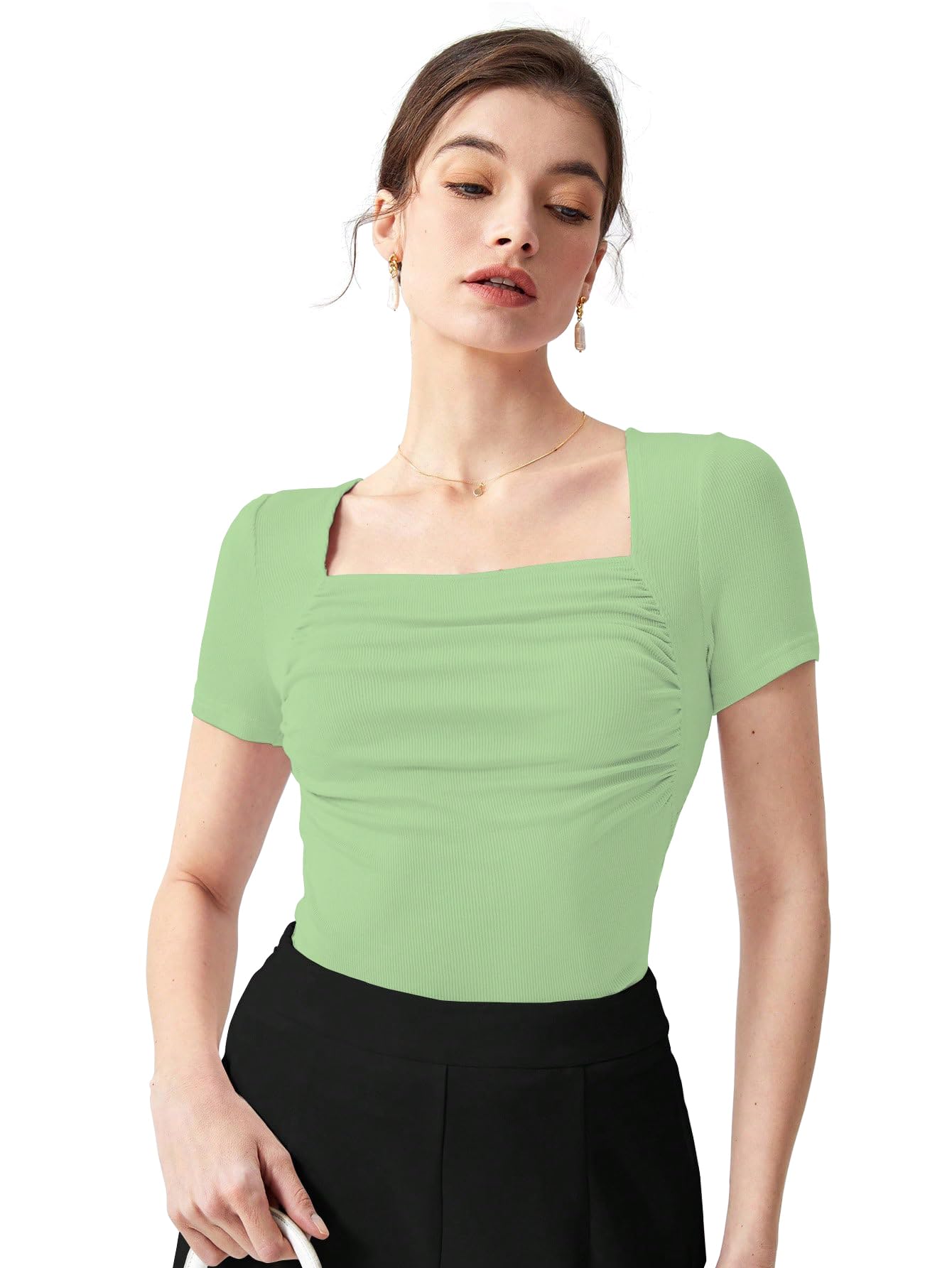 Shasmi Womens & Girls Light Green Womens Summer Square Neck Solid Color Ruched Tee Workwear Pleated Casual t-Shirt for Women