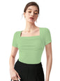 Shasmi Womens & Girls Light Green Womens Summer Square Neck Solid Color Ruched Tee Workwear Pleated Casual t-Shirt for Women