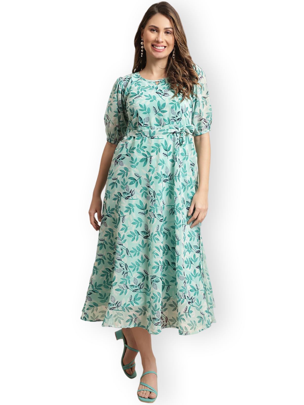 Preneum WomenS Maxi Fit & Flare Latest Style Print Georgette Regular Sleeves Casual Summer Maxi Dress || Festival & Occasion, S