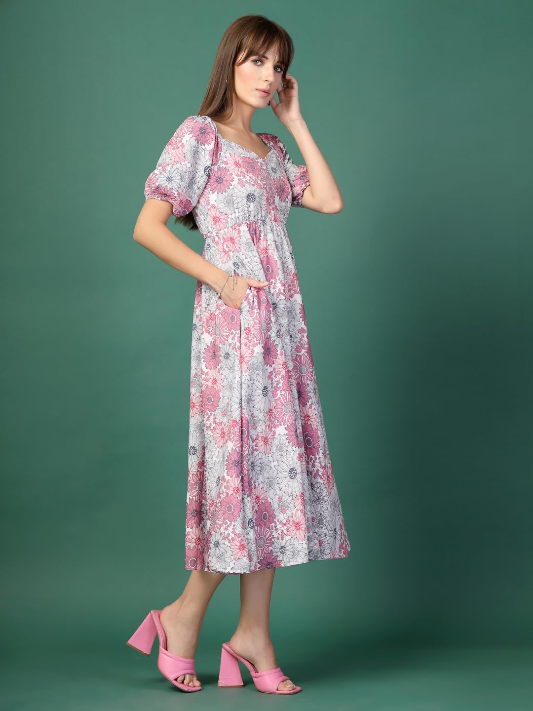 Oomph! Flared Dress For Women Stylish | Long One Piece For Women | Puff Sleeve Long Dress | Floral Print Maxi One Piece | Wester