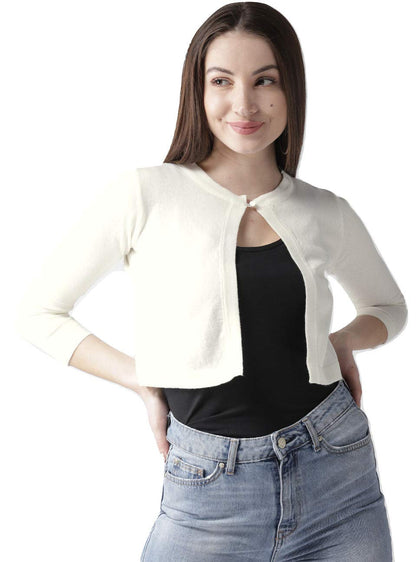 Style Quotient Women Solid Off White Cotton Smart Casual Crop Shrug