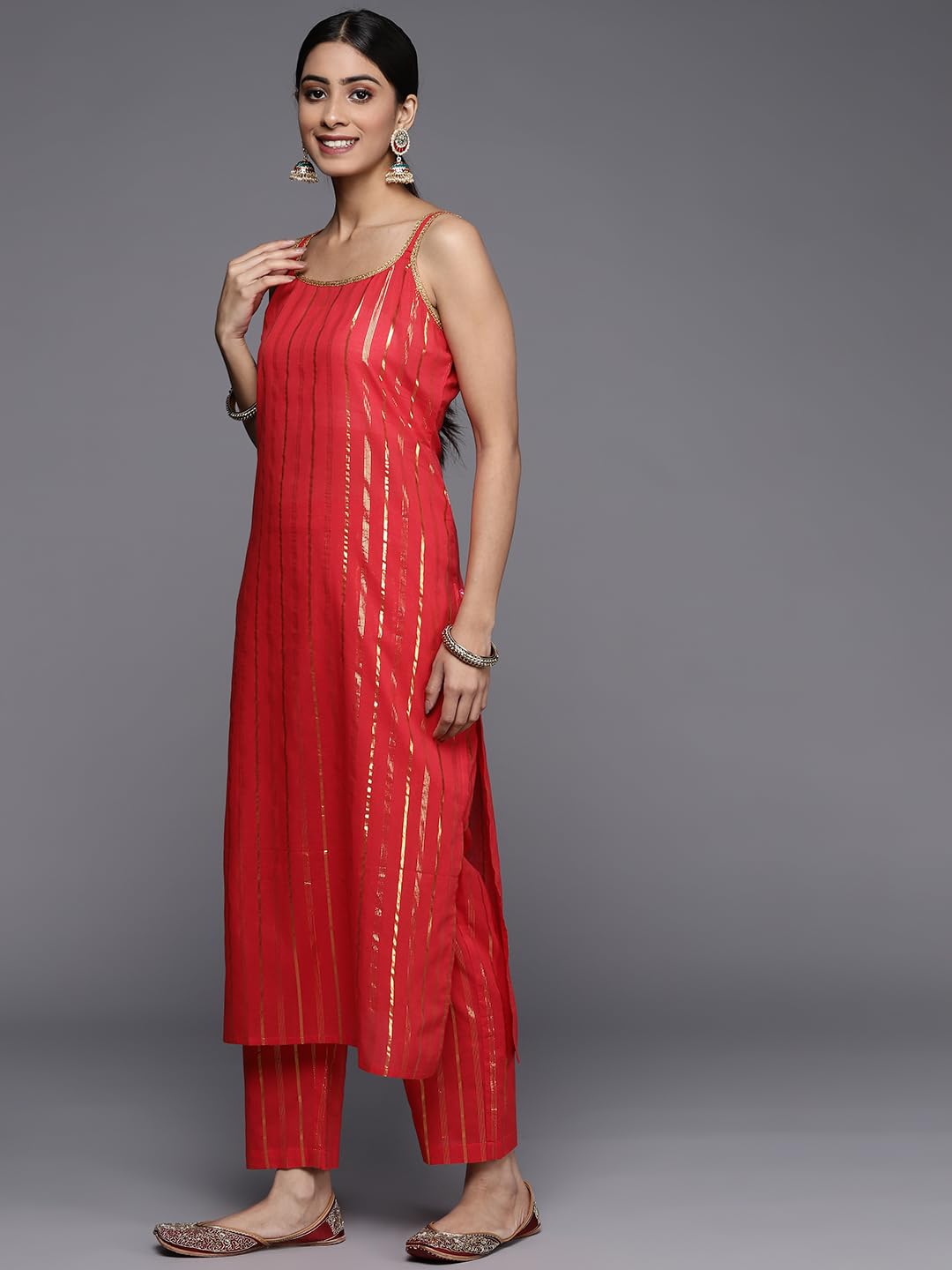 Varanga Red Strap Style Kurta with Straight Pant and Digital Printed Dupatta