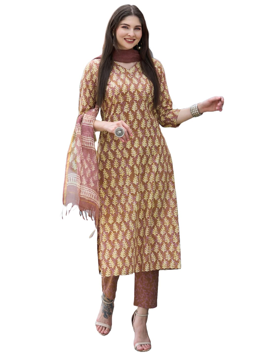 ANNI DESIGNER Womens Cotton Blend Floral Straight Kurta with Pant & Dupatta (Nasi Peach XX-Large)
