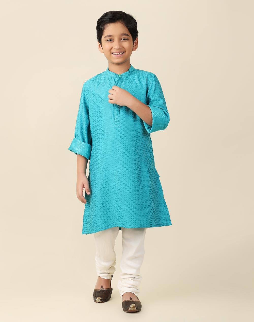 Fabindia Boy's Viscose Blend Self Design Regular Kurta (1030900BLUE_Blue
