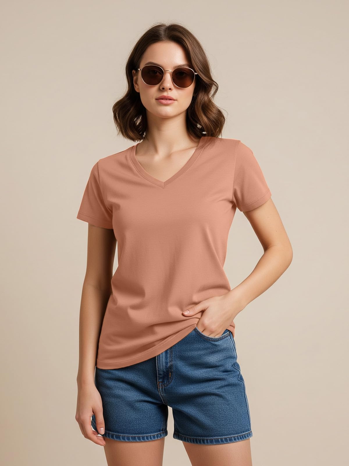 Juneberry Women Solid V Neck Pure Cotton T-Shirt